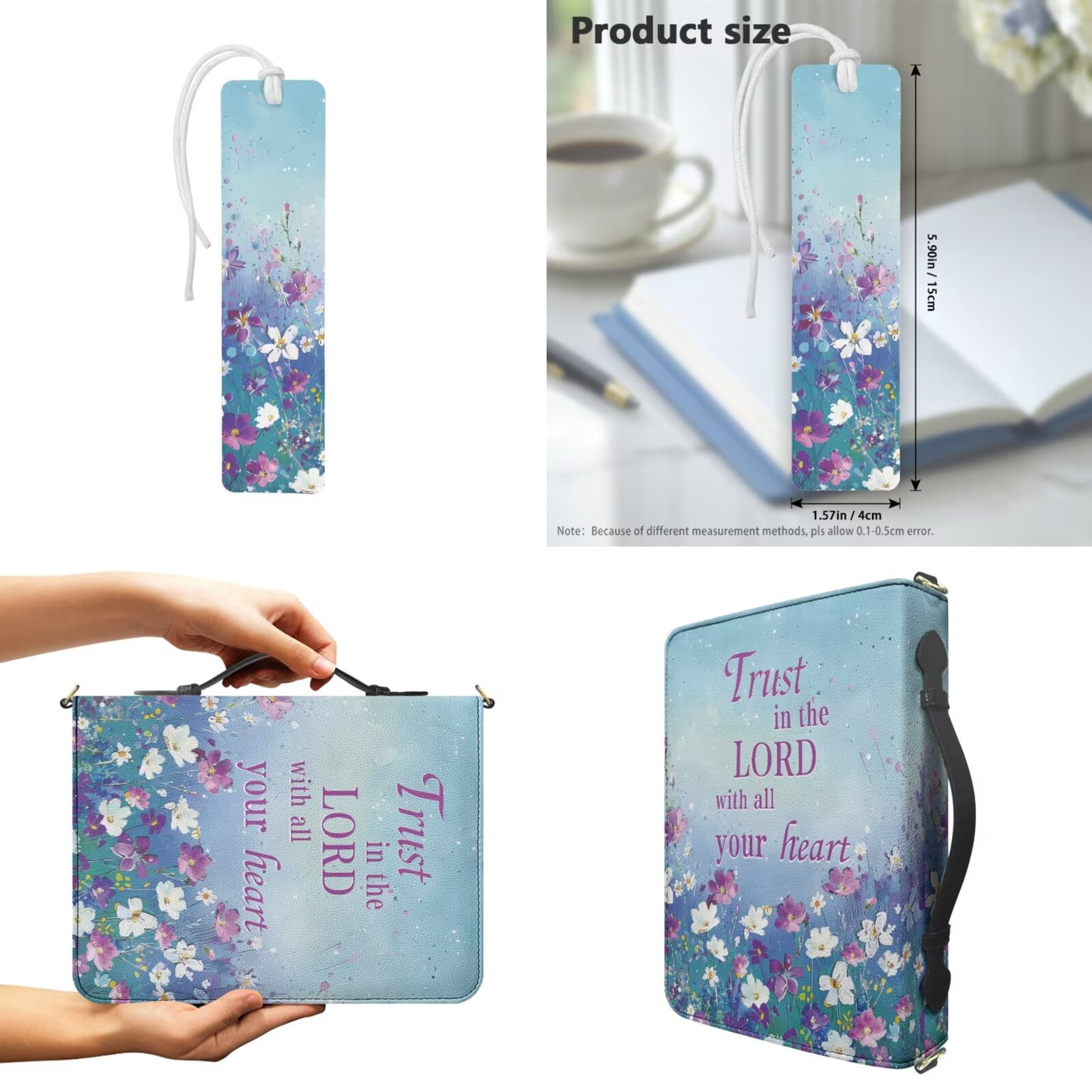 Kuiaobaty Flower Print Bible Covers for Women Men Christian Bible Study Accessories with Bookmark Leather Bibles Carrying Book Case with Shoulder Strap for Christian Daily, Blue