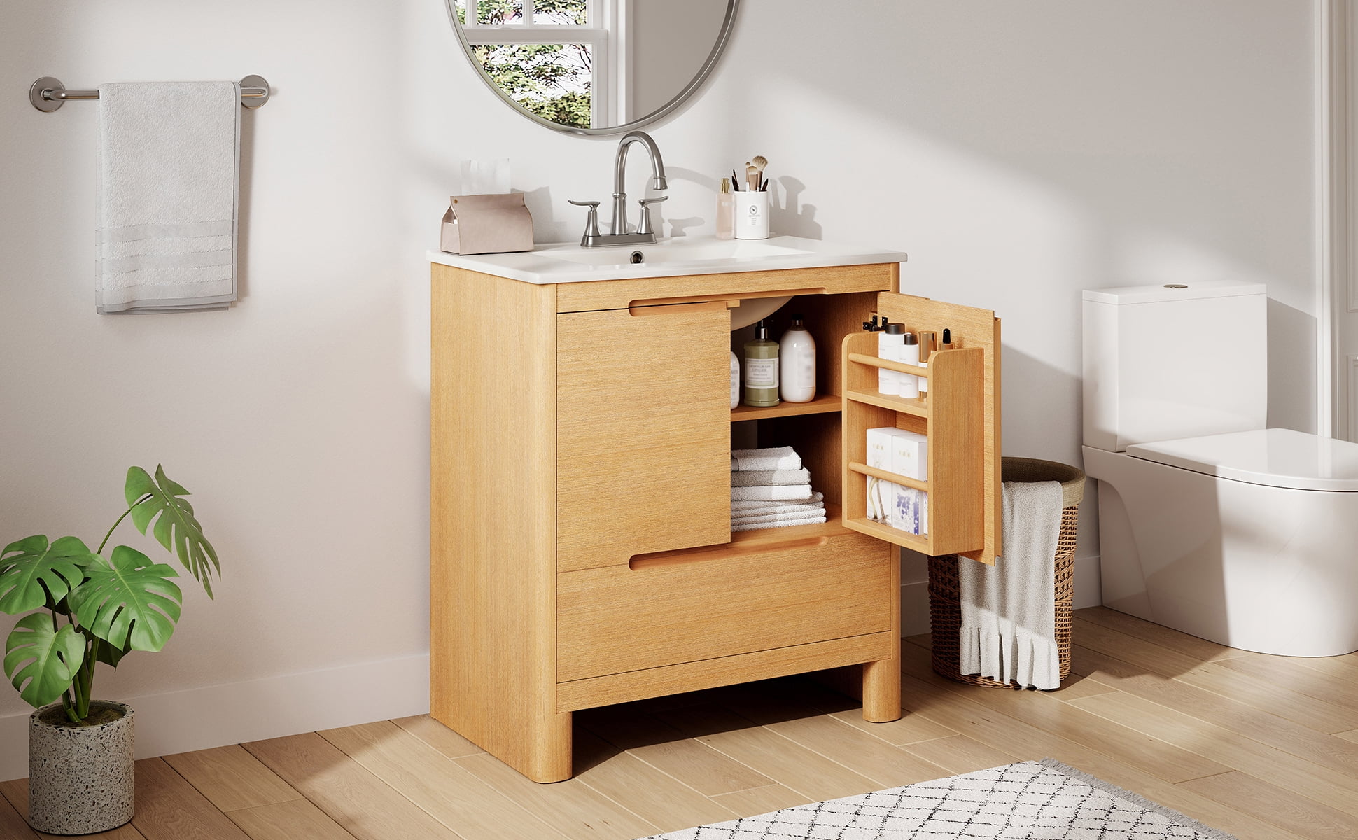 LiviNest 30" Bathroom Vanity for Small Space: 5 Storage Zones & 110lb Top - Soft-Close Doors & Drawer - Adjustable Shelf & Ceramic Sink All-in-One Package