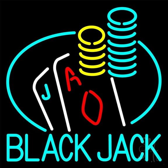 Blackjack With Playing Card LED Neon Sign 24 x 24 - inches, Black Square Cut Acrylic Backing, with Dimmer - Bright and Premium built indoor LED Neon Sign for wall décor, arcarde, and storefront.
