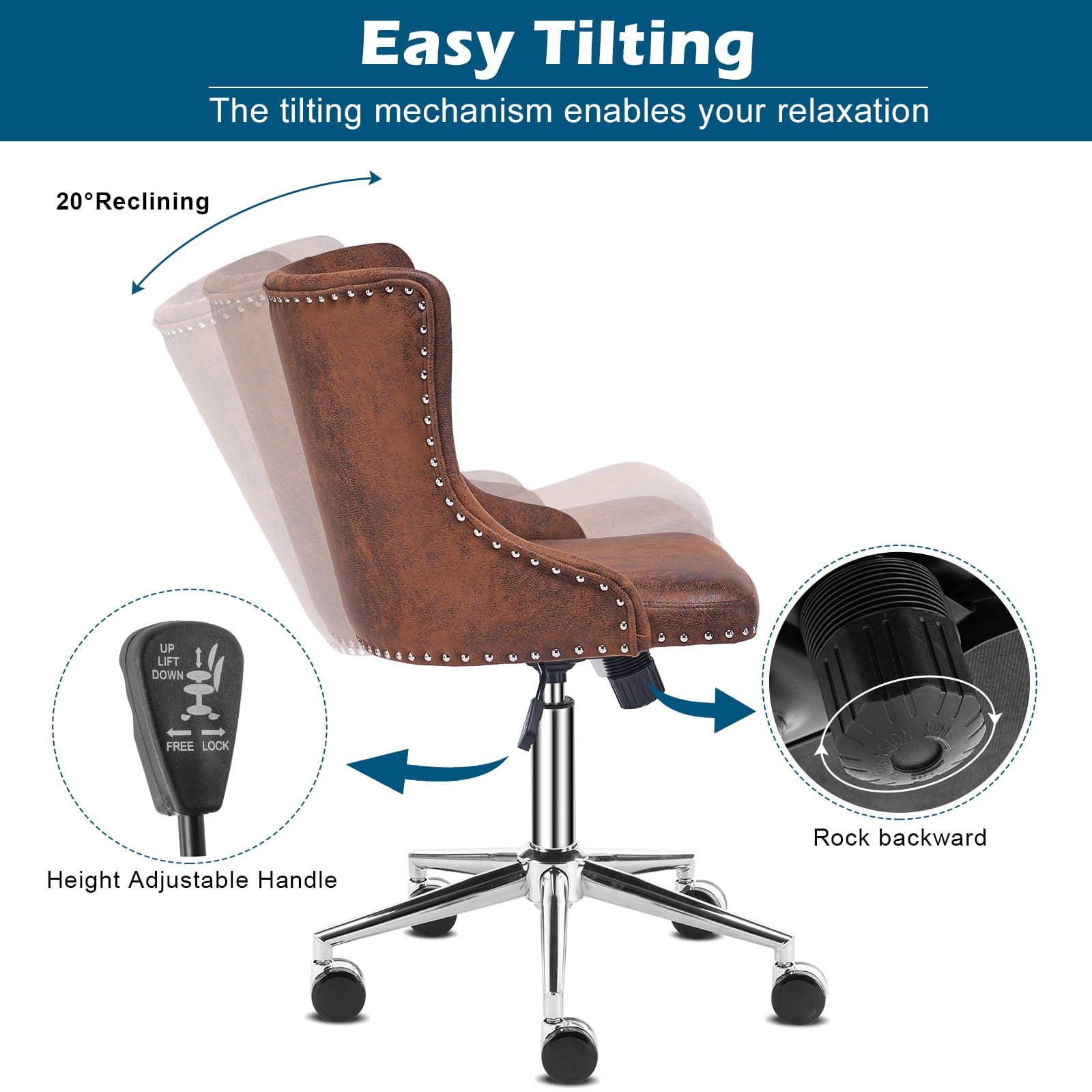 UBesGoo Armless Office Chair Suede Fabric Computer Task Chair Adjustable Swivel Vanity Chair with Ergonomic Backrests and Wheels for Conference and Home Brown & Sliver