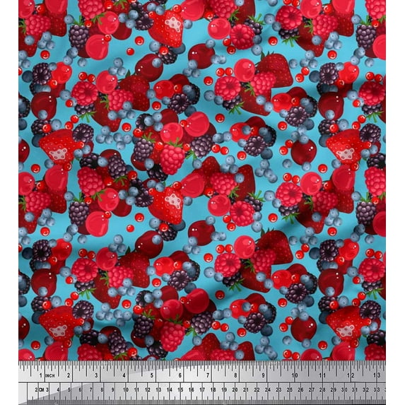 Soimoi Moss Georgette Fabric Raspberry,Strawberry & Cherry Fruits Print Fabric by The Yard 42 Inch Wide