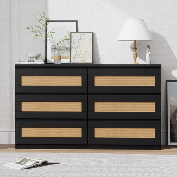 Vine Armoire de Rangement en Bois pour Chambre avec 6 Tiroirs, 47 Pouces de Large, avec Station de Recharge et Lumières DEL, Tablette Ouverte, Convient à la Chambre, au Salon, au Couloir, à l'Entrée