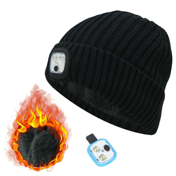 ASTRAEA Unisex LED Beanie Hat, Rechargeable Headlamp Cap with Plush Lined, Winter Warm Knitted Hats for Running Campin Biking, Black