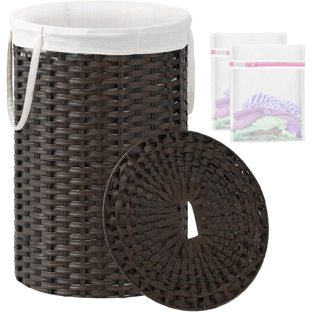 Large Laundry Hamper Laundry Basket Round Gal L) Handwoven Wicker Laundry Baskets Rattan Laundry Basket with Laundry Bag Handles Mesh Bags for Living Room Bedroom