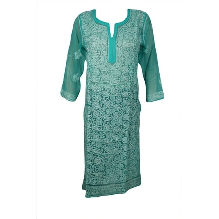 Sheer Caftan - Mogul Women's Beautiful Floral Hand Embroidered Sheer Long Tunic Dress Long Sleeves Georgette Bikini Cover Up Beach Wear Ethnic Indian Kurti Kurta Caftan