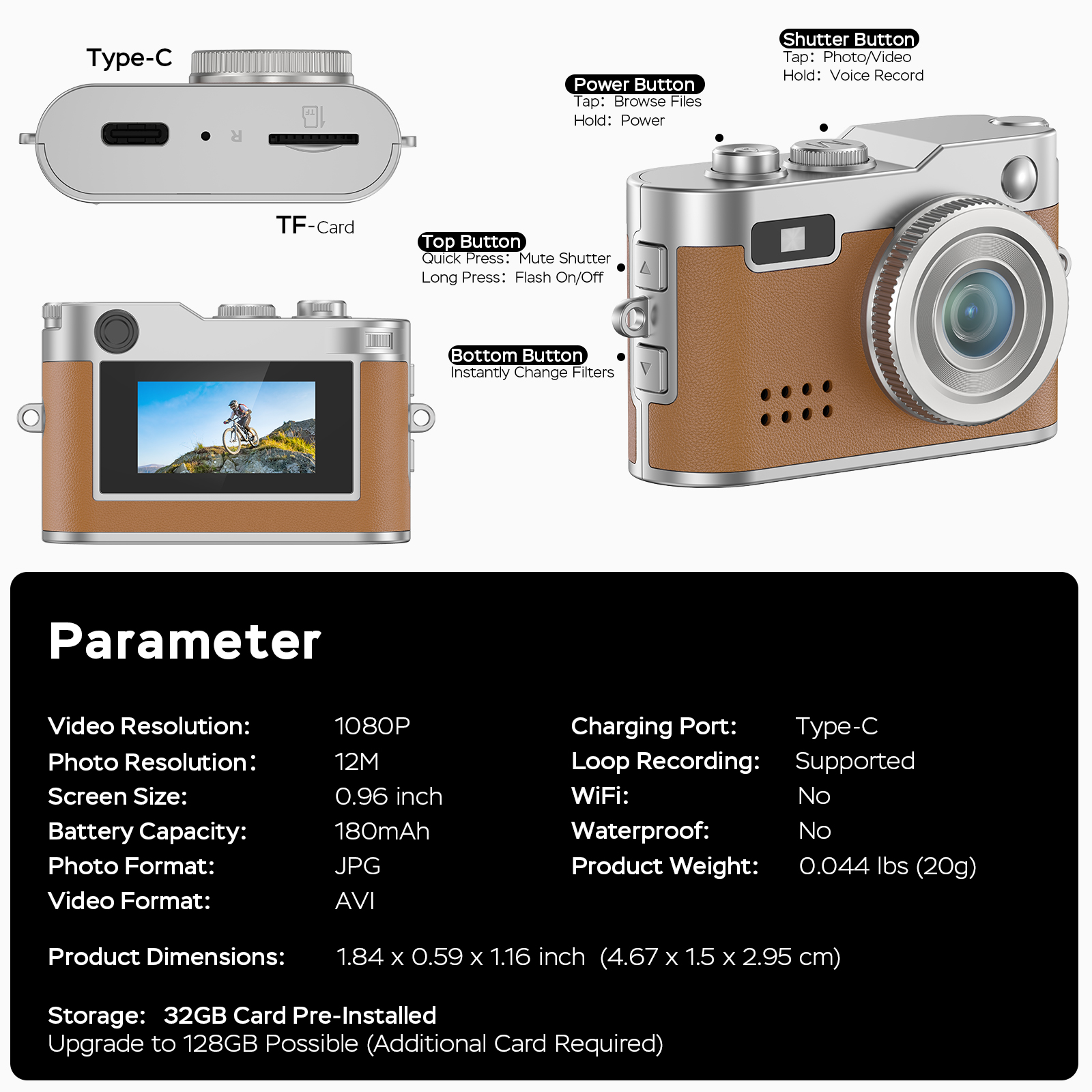 Mini Digital Camera,0.96" Small Keychain Camera,1080P Tiny Camera with 32GB Card, Fill-in light,Landyard,USB Cable for Travel, Concert, Study Recording, Gift for Kids Brown