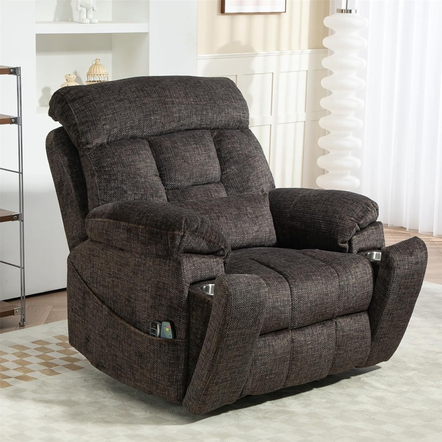 REHOUSING Adult Chenille Living Room Lay Flat Power Lift and Heat and Massage Recliner, Black