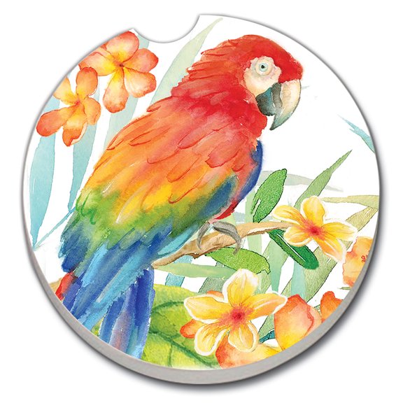 Absorbent Stoneware Car Coaster, Tropical Birds, Set of 2