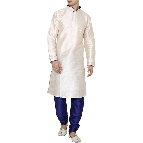Royal Kurta Men's Dupion Silk Contrast Piping Kurta Churidar Navy Blue