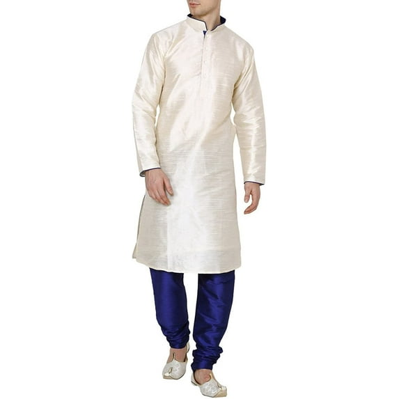 Royal Kurta Men's Cotton Silk Contrast Piping Kurta Churidar Off-White