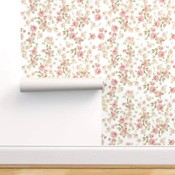 Peel & Stick Wallpaper 9ft x 2ft - Roses Peony Pink White Rose Garden