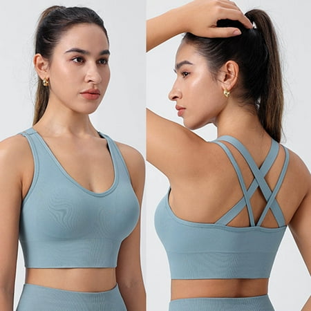 POIUYTR Padded Sports Bra for Women  Workout Strappy Tank Top Cross Back Racerback Seamless Comfortable Yoga Bra