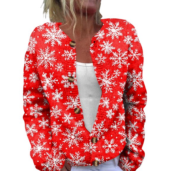 Women's Fashion Christmas Printed Long Sleeve Knitted Cardigan Button Down Jacket for Holiday Casual Wear and Women's Outerwear with Festive Design,Vermilion,S