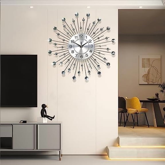 Wall Clocks for Living Room Decor Modern Silent Wall Clock Battery Operated Non-Ticking for Bedroom Kitchen Office Home Decoration 24 Inch Silver Drop Crystal Wall Watch Clock for Indoor