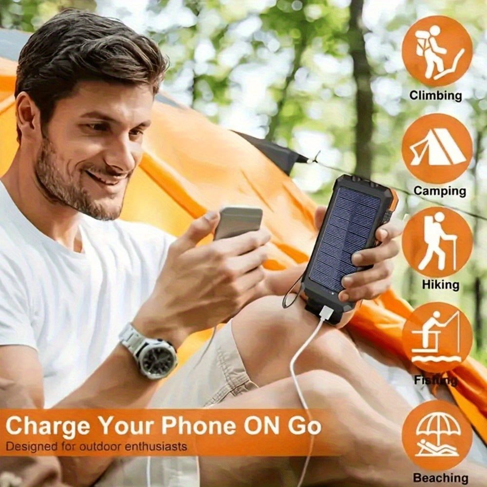 19000mAh Solar Charger Power Bank, Portable Solar Phone Charger, Camping External Battery Charger Suitable for Mobile Phones, 2 USB Ports/LED Flashlight with Compass Suitable for Outdoor Activities