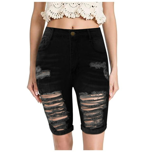 Jeans for Women Trendy Casual Fashion Holes Pocket Elastic Ripped Denim Shorts Pants for Women Black L