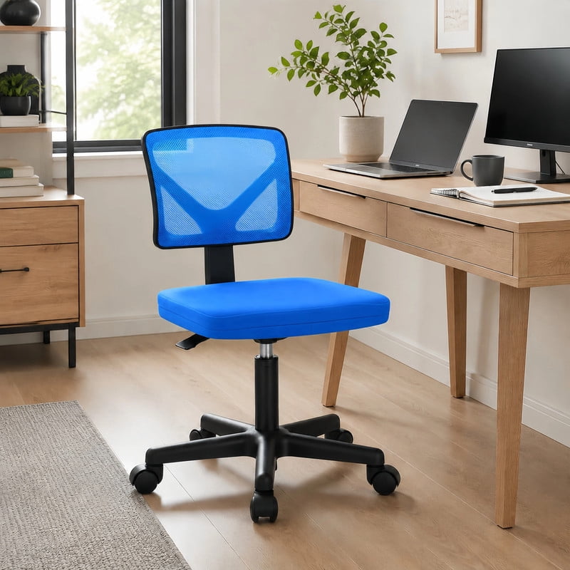 BEAUTYPEAK Desk Chair with Y-Shaped Lumbar Support Adjustable Armless Mesh Office Chair with Wheels for Home Office, Blue
