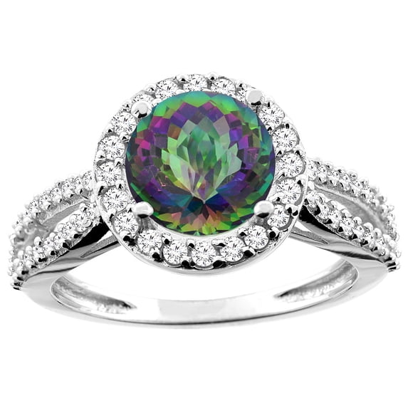 14K White Gold Natural Mystic Topaz Ring Round 8mm Diamond Accent, size 5