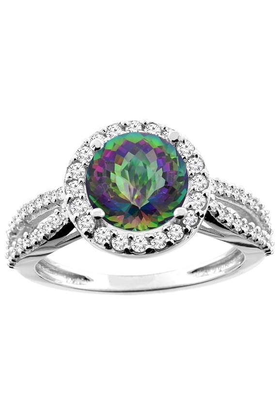 14K White Gold Natural Mystic Topaz Ring Round 8mm Diamond Accent, size 9.5
