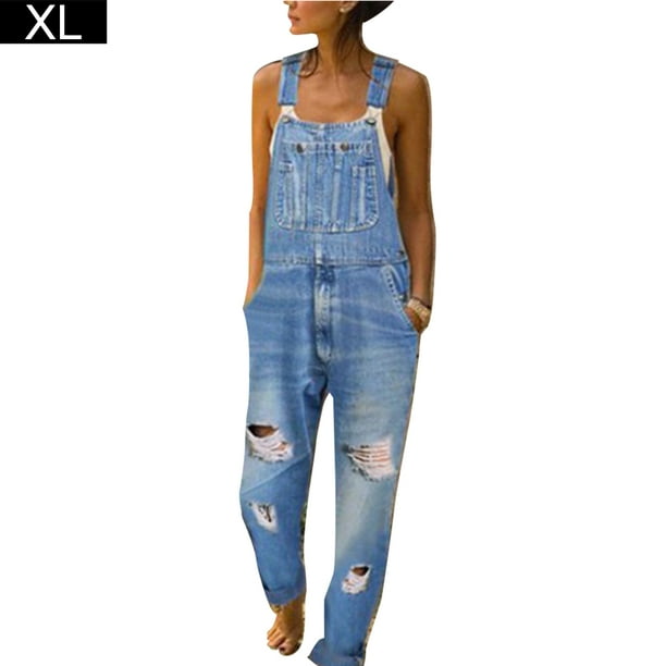 Women Summer Denim Overalls Casual Loose Distressed Jumpsuits - Walmart ...