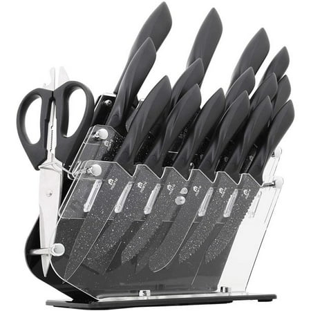 

Ceramic Coated Knife Block Set with 16Pcs Kitchen Knives Chef Knife Bread Knife Steak Knife Chopper Knife Butter Knives Cheese Knife Pizza Knife Acrylic Stand Scissors