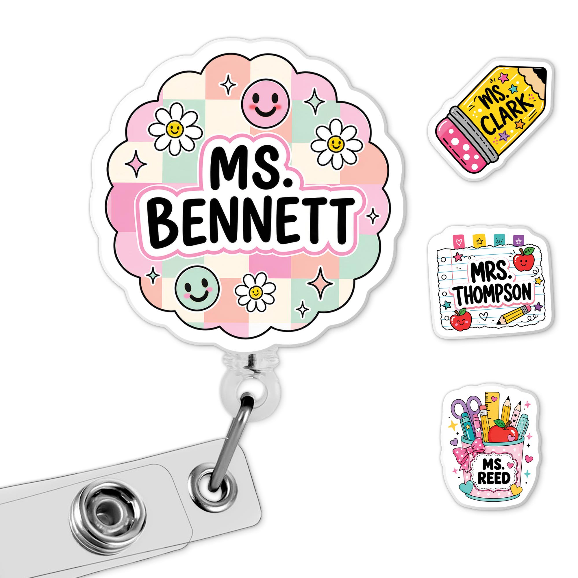 Personalized Teacher Name Badge Reel, Custom Ms Mrs Retractable ID Holder for School