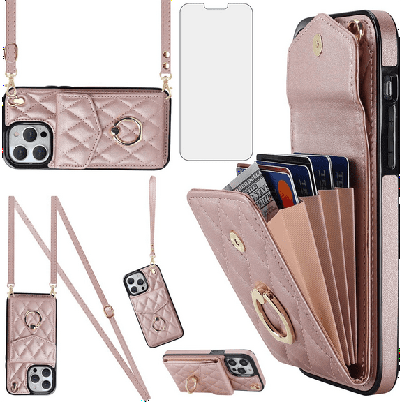 Asuwish Compatible with iPhone 14 Pro 6.1 inch Wallet Phone Case Tempered Glass Screen Protector and Ring RFID Card Holder Cell Cover for iPhone14Pro 5G i i-Phone i14 iPhone14 4 14Pro Women RoseGold