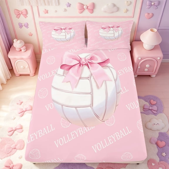 Manfei Pink Bowknot Fitted Sheet Full,3D Cartoon Volleyball Pattern Bed Set,3pcs,1 Fitted Sheet and 2 Pillowcases