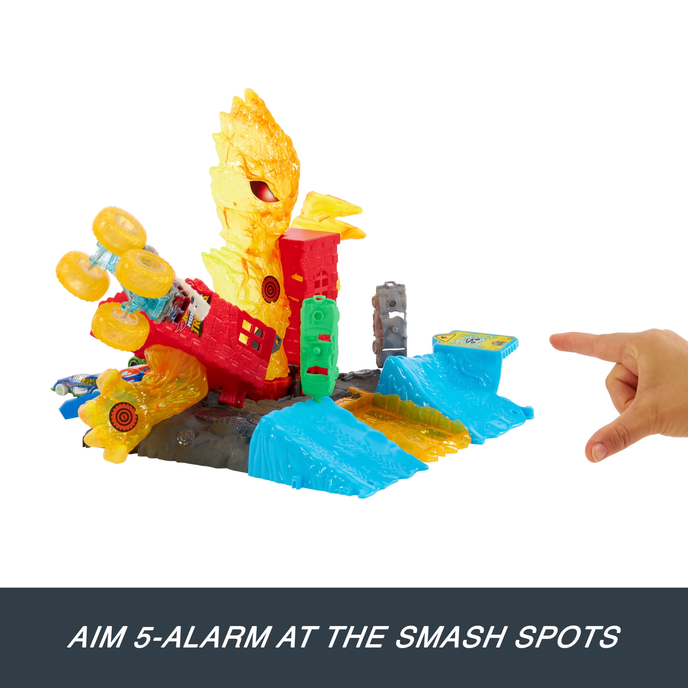 Hot Wheels Monster Trucks Power Smashers 5-Alarm Torch Tower Takedown Playset with 1:64 Scale Toy Truck & 2 Crushed Cars
