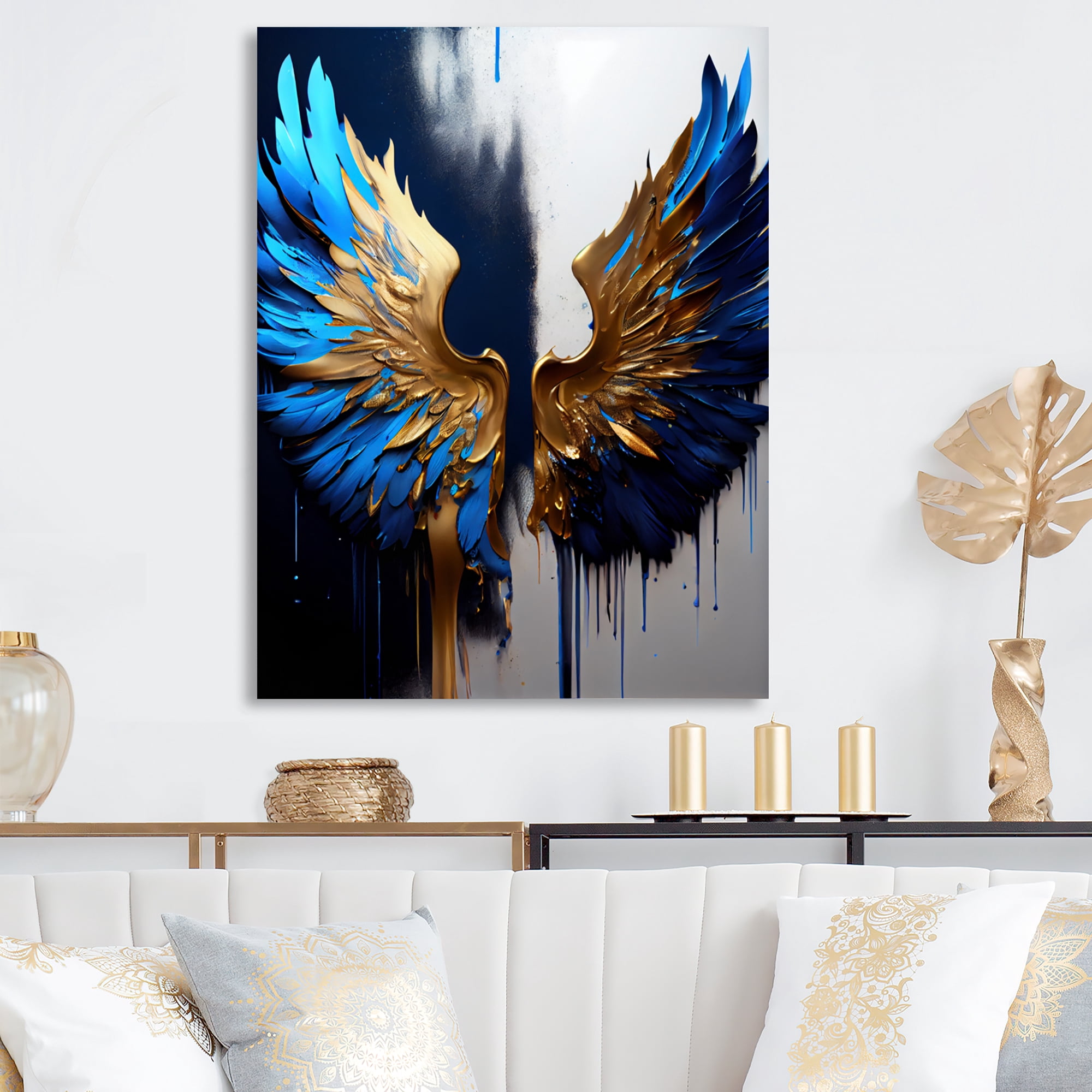 Designart Blue And Gold Angel Wings I Canvas Wall Art