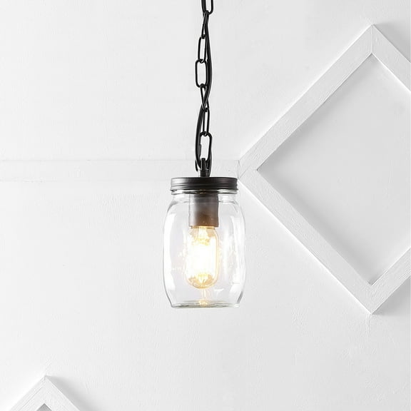 JONATHAN Y Gaines 5.5" 1-Light Farmhouse Industrial Iron Mason Jar LED Pendant, Oil Rubbed Bronze/Clear