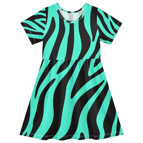 Mint Green Zebra Print Pattern Girls Short Sleeve Dress A Line Sun Protection Breathable Comfort Sundress 2T