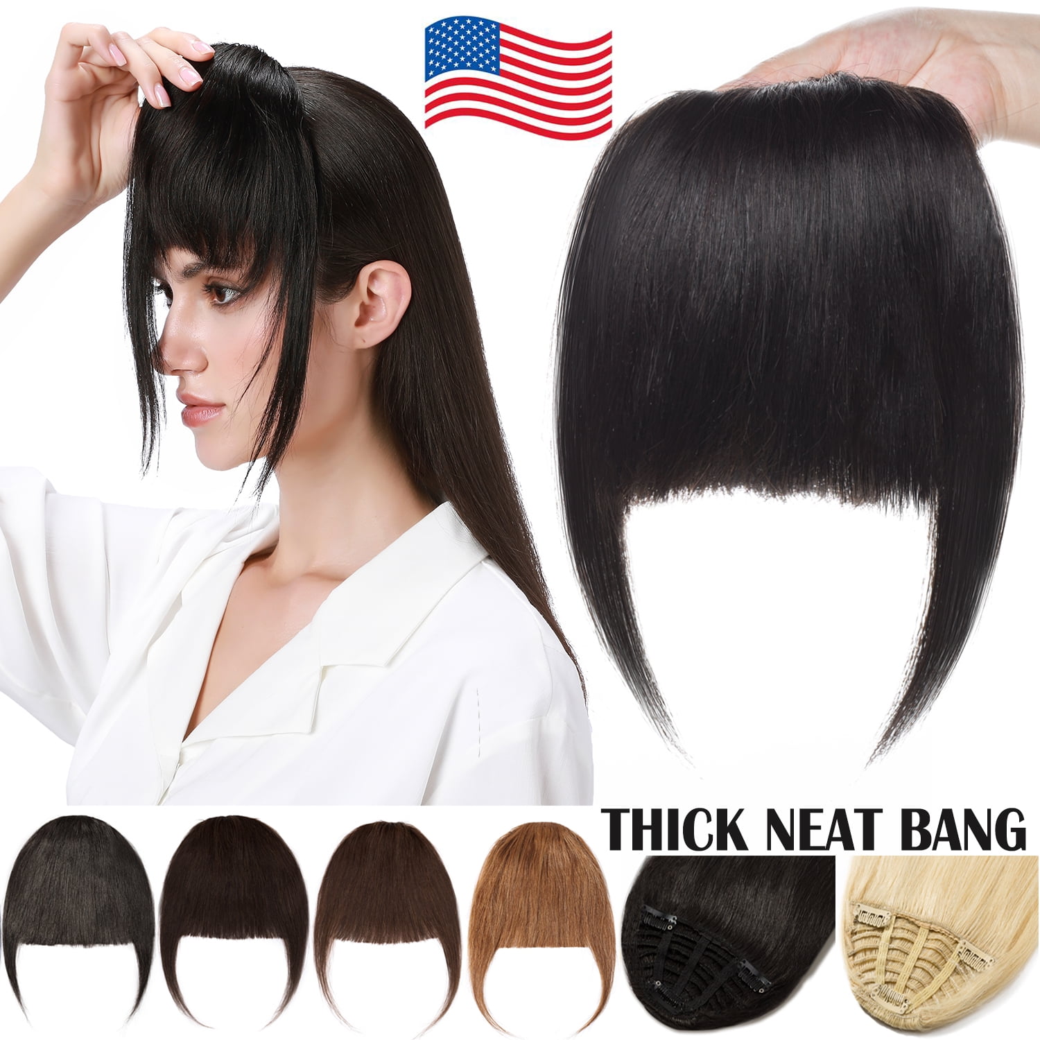 Benehair Clip In 100% Human Remy Hair Bangs Extensions Thick Neat Bangs  Fringes Front Hairpiece Straight Woman Black 3 Clips US 