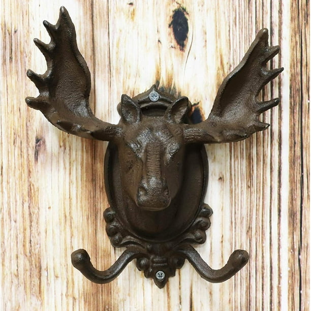 Ebros Cast Iron Western Rustic Bull Moose Head Wall Double Hooks Plaque  9.25"H 