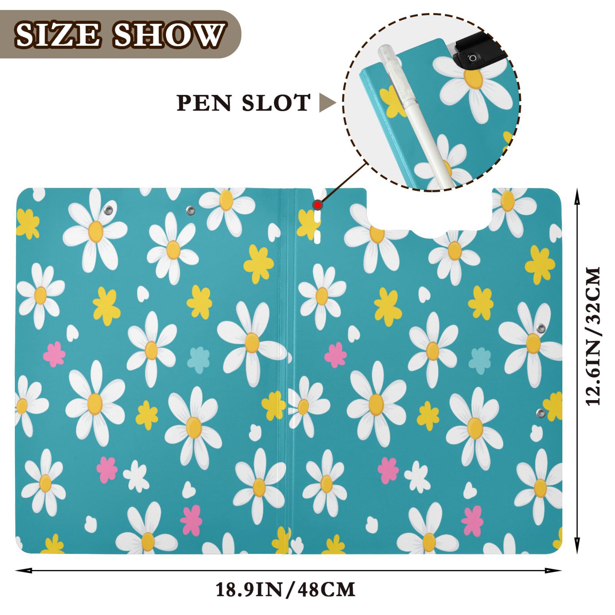 FORMRS A4 Clipboard Folder with Pen Holder Horizontal Foldable School Office Binder, Small Daisy