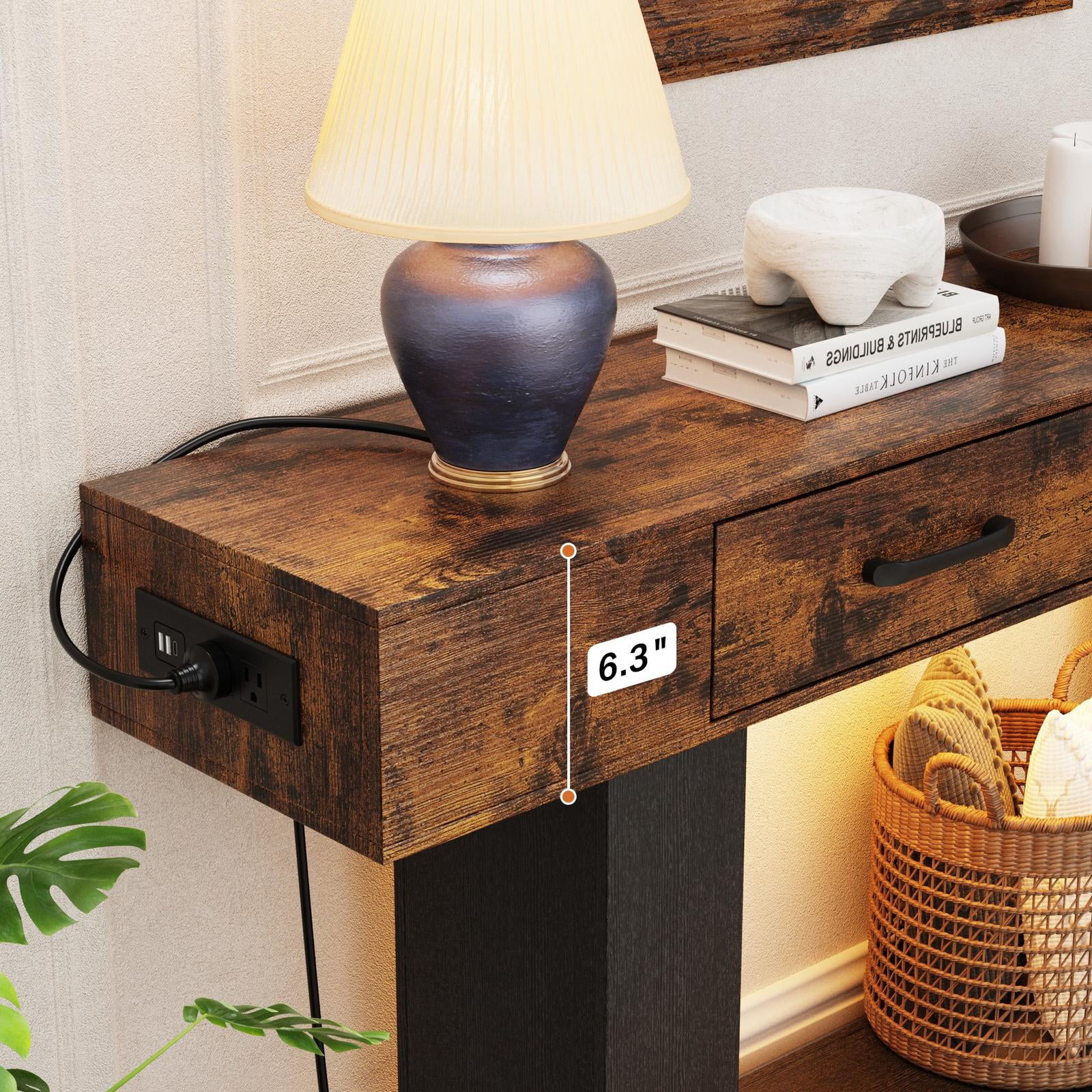 Console Tables for Entryway, Holaki 63" Long Console Table, Modern Farmhouse Entryway Table with Outlet, LED Strip & 2 Drawers for Living Room Office