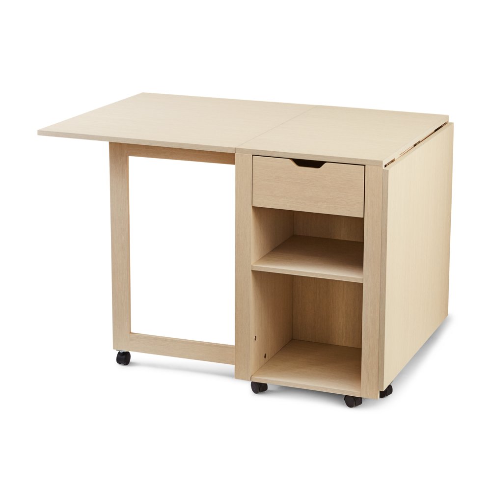 Mainstays Adjustable Rolling Office Desk with Shelves, Birch Finish
