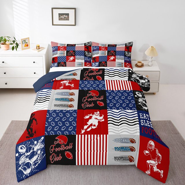 Erosebridal Sports Bedding Queen Comforter Set,Football Down Comforter,Red Blue Buffalo Bedding Sets Queen With Comforter, Microfiber Bedroom Decor,3 Pieces Reversible
