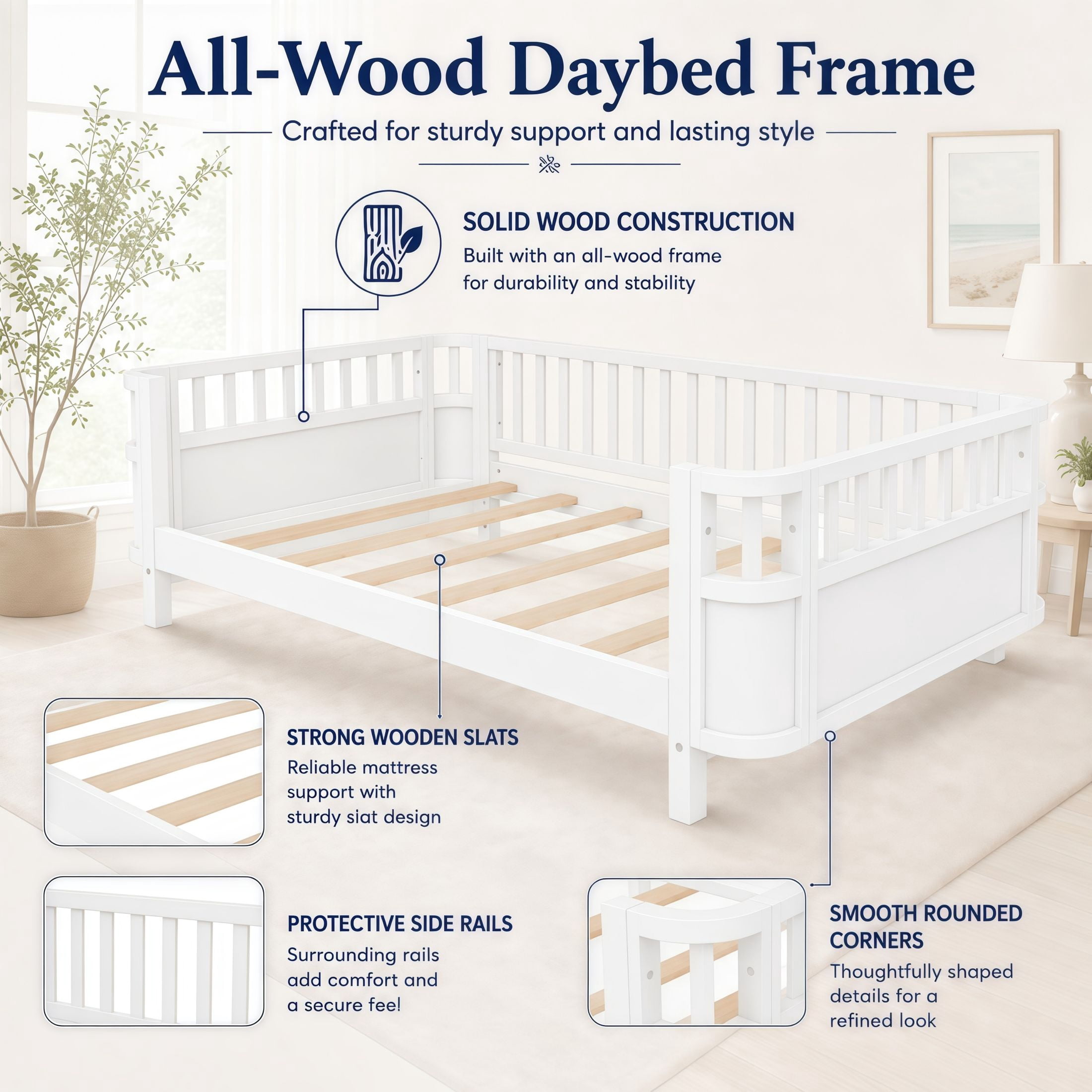 GDF Studio Darpel Full Size Wooden Montessori Bed Frame with Guard Rails, Pine Wood Low-Profile Floor Kids Bed, White