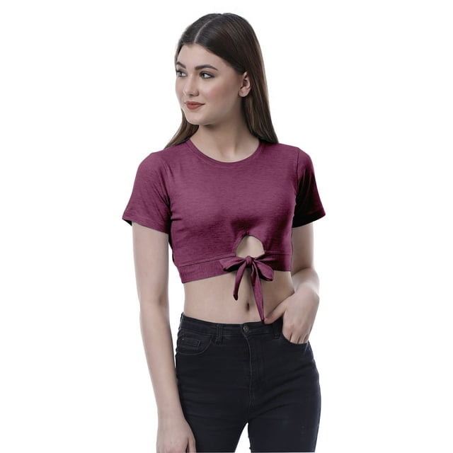 Moomaya Haut Court Noué devant pour Femmes Manches Courtes Col Rond Tee-Shirt Noué