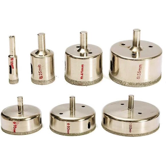 Set of 7 diamond drill bits for diamond drill with marbled glass and glass coating