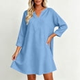 thumbnail image 4 of Bosfbaoi Linen Dresses for Women V Notch Neck 3/4 Roll Sleeve Loose A‑Line Short Dress with Side Pockets, 4 of 7