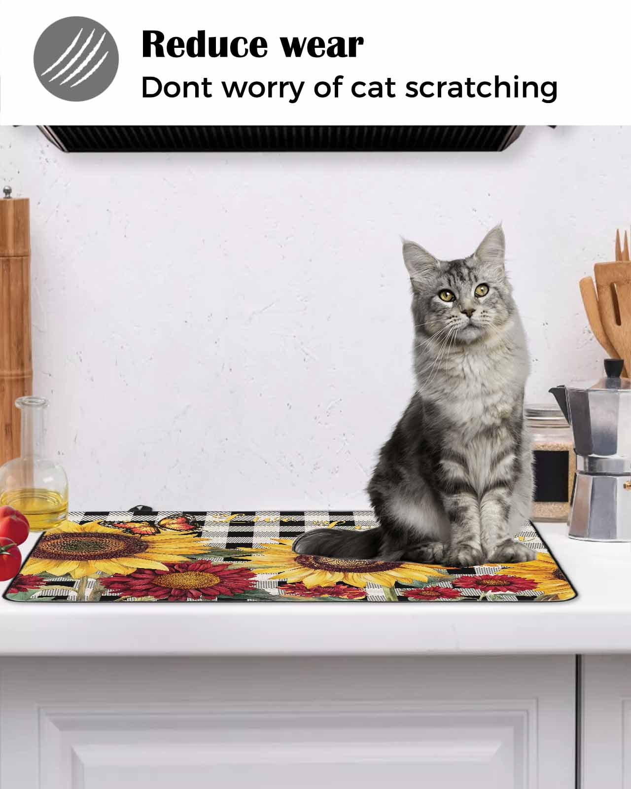 nqOlkjepod Large Induction Cooktop Protector Mat 24"x21", Sunflower Black Check Stove Top Covers for Electric Stove, Farmhouse Flowers Butterfly Stove Burner Cover Mats, Glass Top Stove Cover