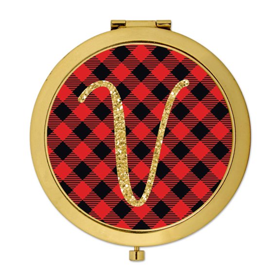 Koyal Wholesale Gold Compact Mirror Bridesmaid's Wedding Gift, Buffalo Red Plaid | Gold Glitter, Monogram Letter V, 1-Pk