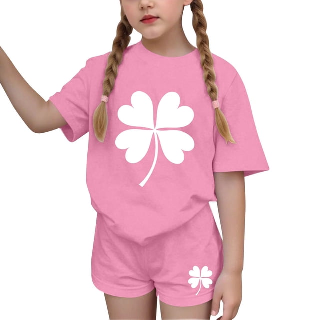 Vestido de manga corta para niños Día de San Patricio impreso conjunto de dos piezas niñas casual cuello redondo blusa y pantalones cortos