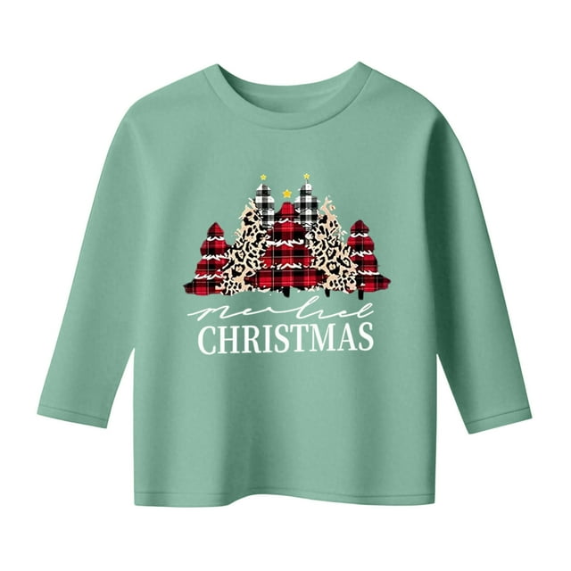 SOMOWI T-Shirts de Noël pour Filles, Imprimé Festif, Manches Longues, Col Rond, Doux, Mignon, pour Tout-Petits, Vert Menthe, Décontracté, Automne, 7-8 Ans