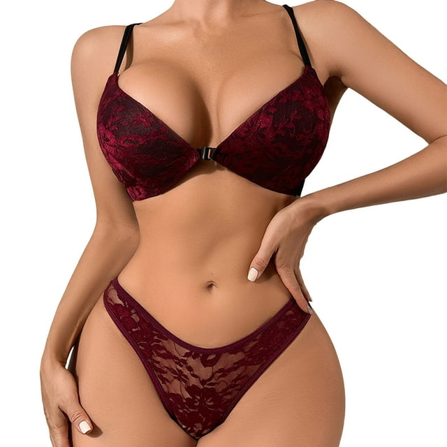 Gibobby Lenceria mujer sexy Conjunto de lencería sexy de encaje suave para mujer, ropa interior transparente con aros de encaje floral(Vino, 70)