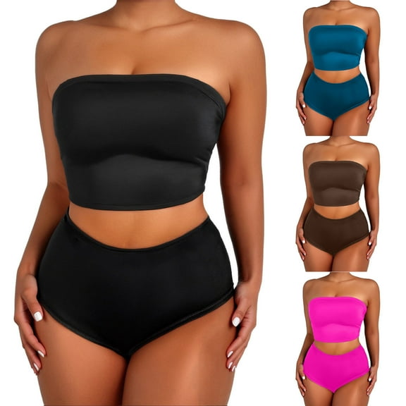 UTSJKR Women High Waisted Bikini Sets Ribbed Solid Color Strapless Tube Tops with Shorts Bandeau Swimsuits Bathing Suit Coffee XL