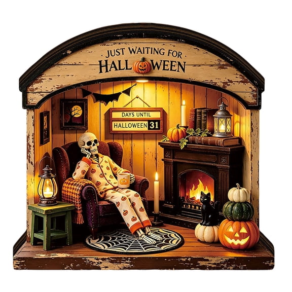 Vintage Halloween Decorations, 6 Inch Light Up Wooden Halloween Mantel Decor, Halloween Countdown Design Small Halloween Decor for Home Indoor Party Display, 1 Pack