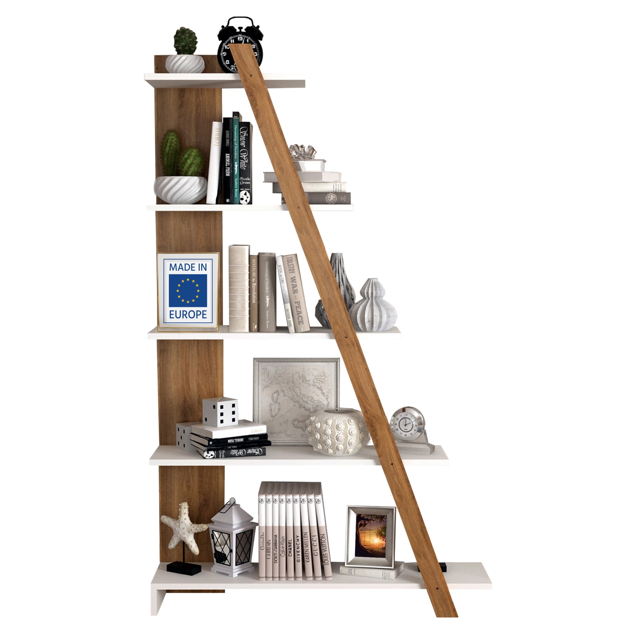 Casamudo Modern Ladder Shelf, Wood Leaning Bookshelf, White Triangle